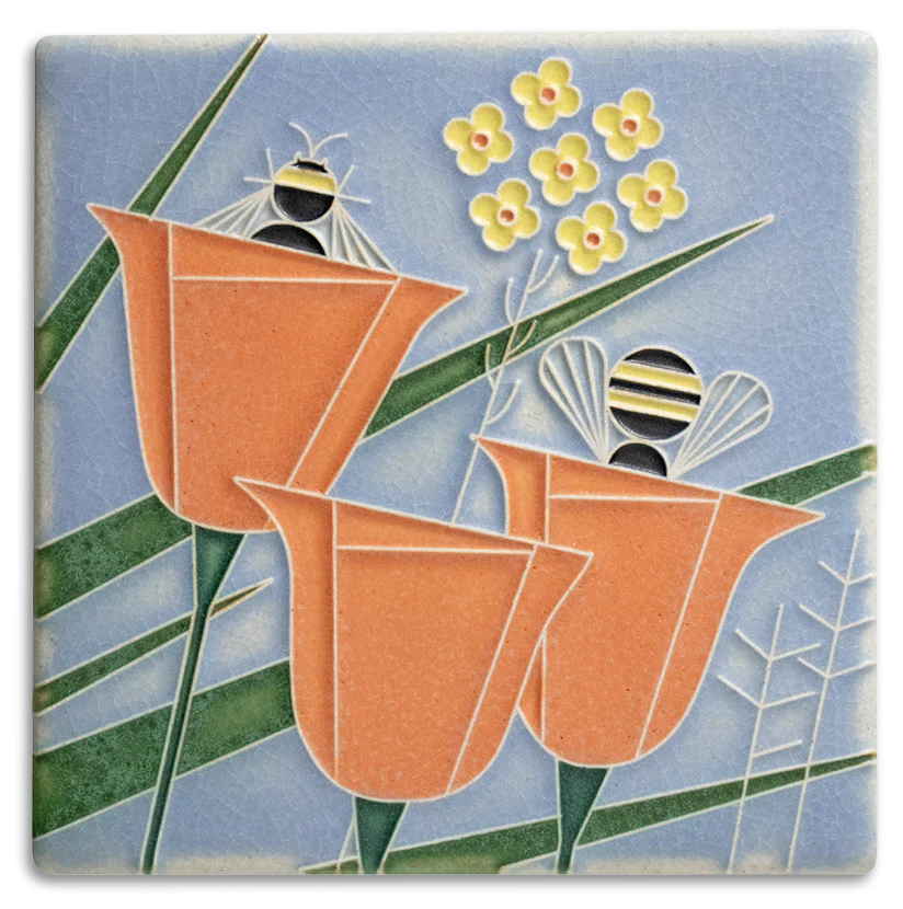 Motawi 6x6 Coming & Going Art Tile (Bees & Flowers)