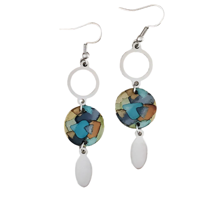 Alcohol Ink Stainless Steel Double Circle Drop Earrings