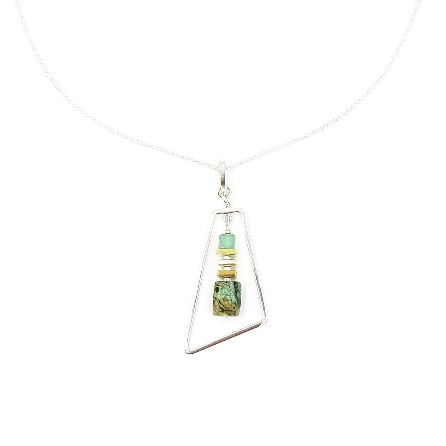 Asymmetrical Triangle Peruvian Turquoise & Blue Chalcedony Pendant Necklace