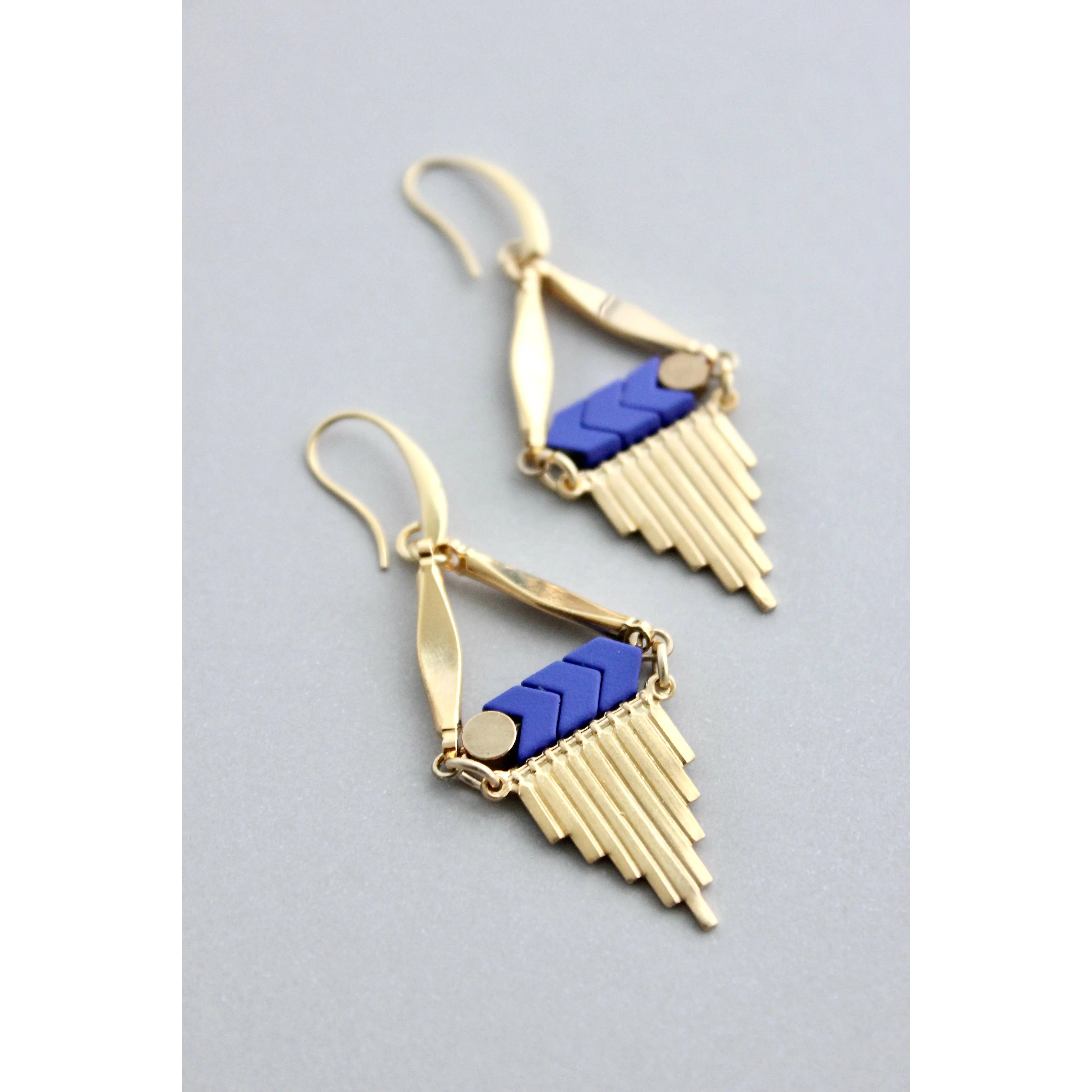 Blue & Brass Fringe Earrings - Image 2