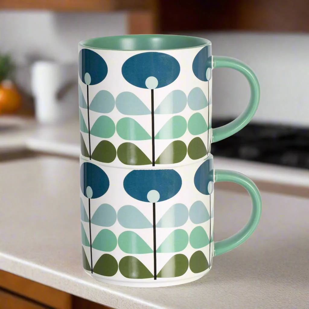 Blue Mid Century ModFlower Stackable Matte Coffee Tea Mug - Image 2