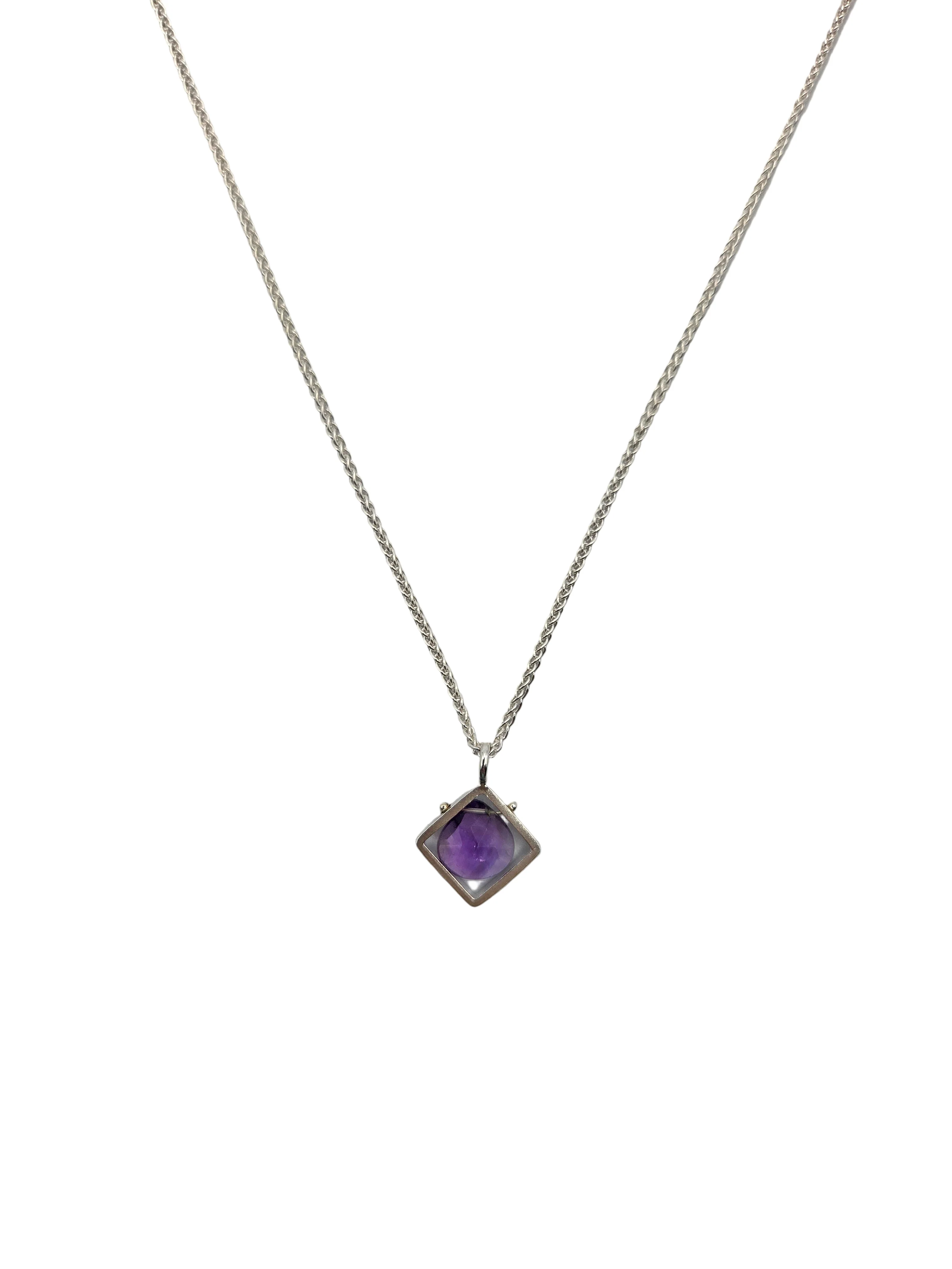 Amethyst Diagonal Frame Brushed Silver Necklace