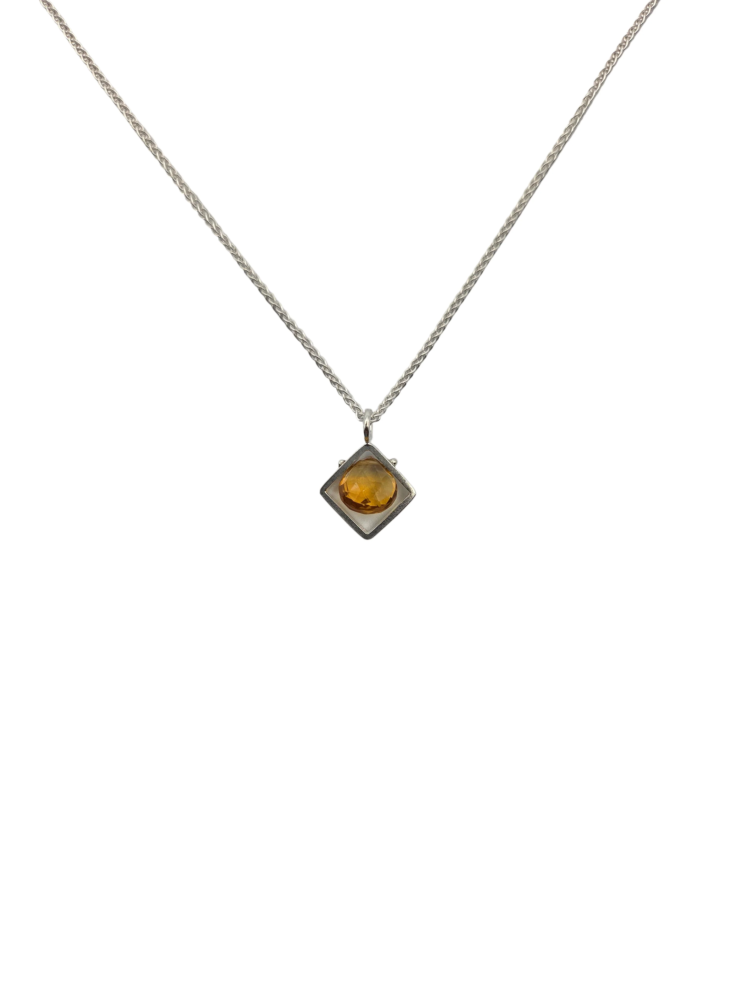 Citrine Diagonal Frame Brushed Silver Necklace