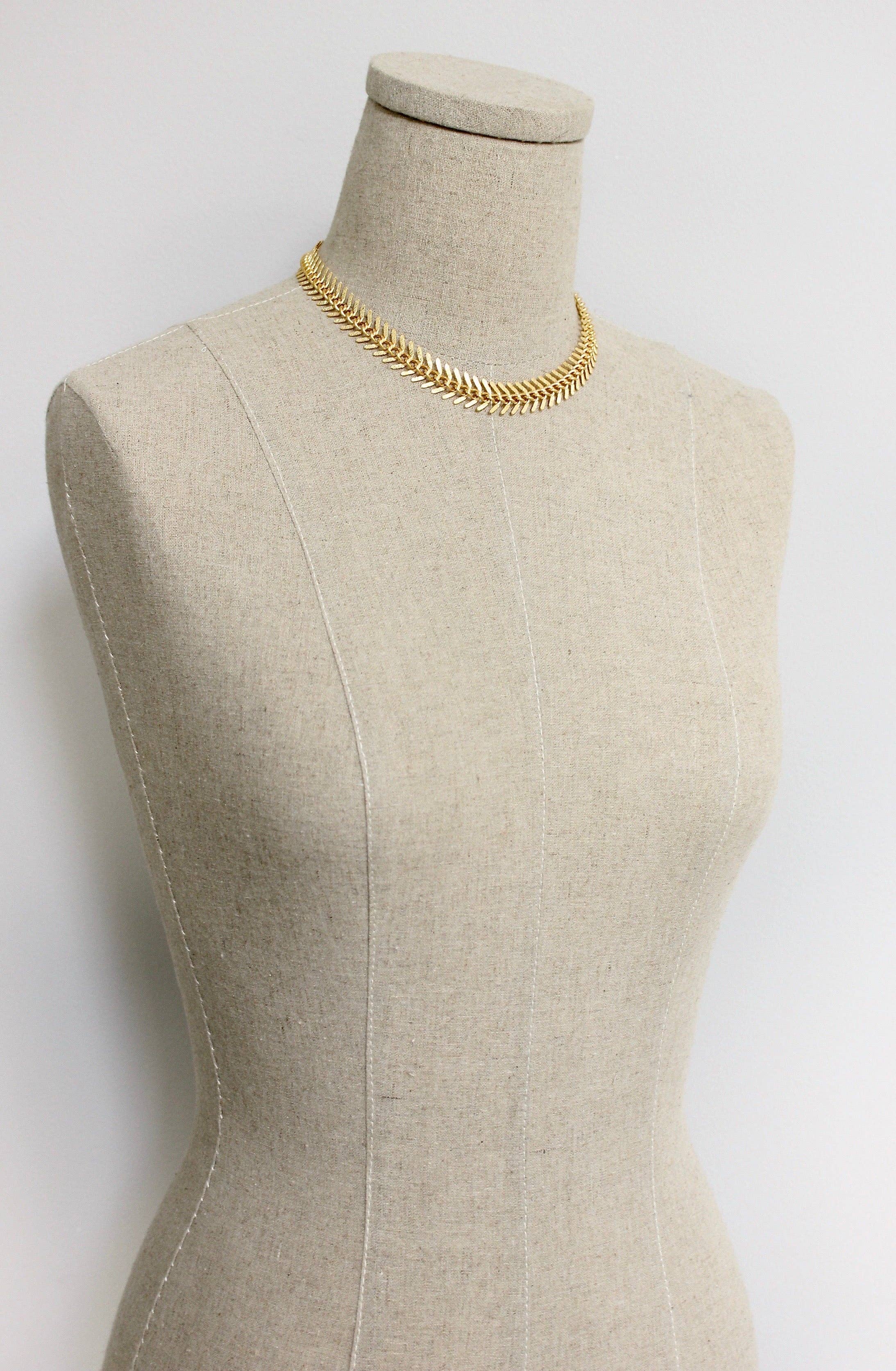 18k Matte Gold Fish Bone Necklace - Image 4