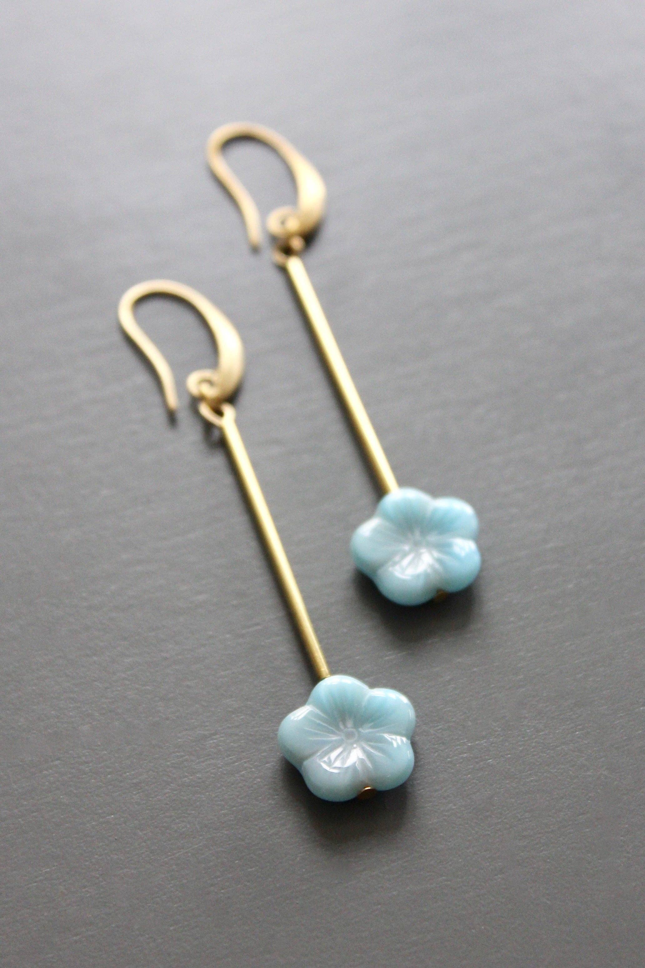 Blue Czech Glass Flower Earrings - Image 3