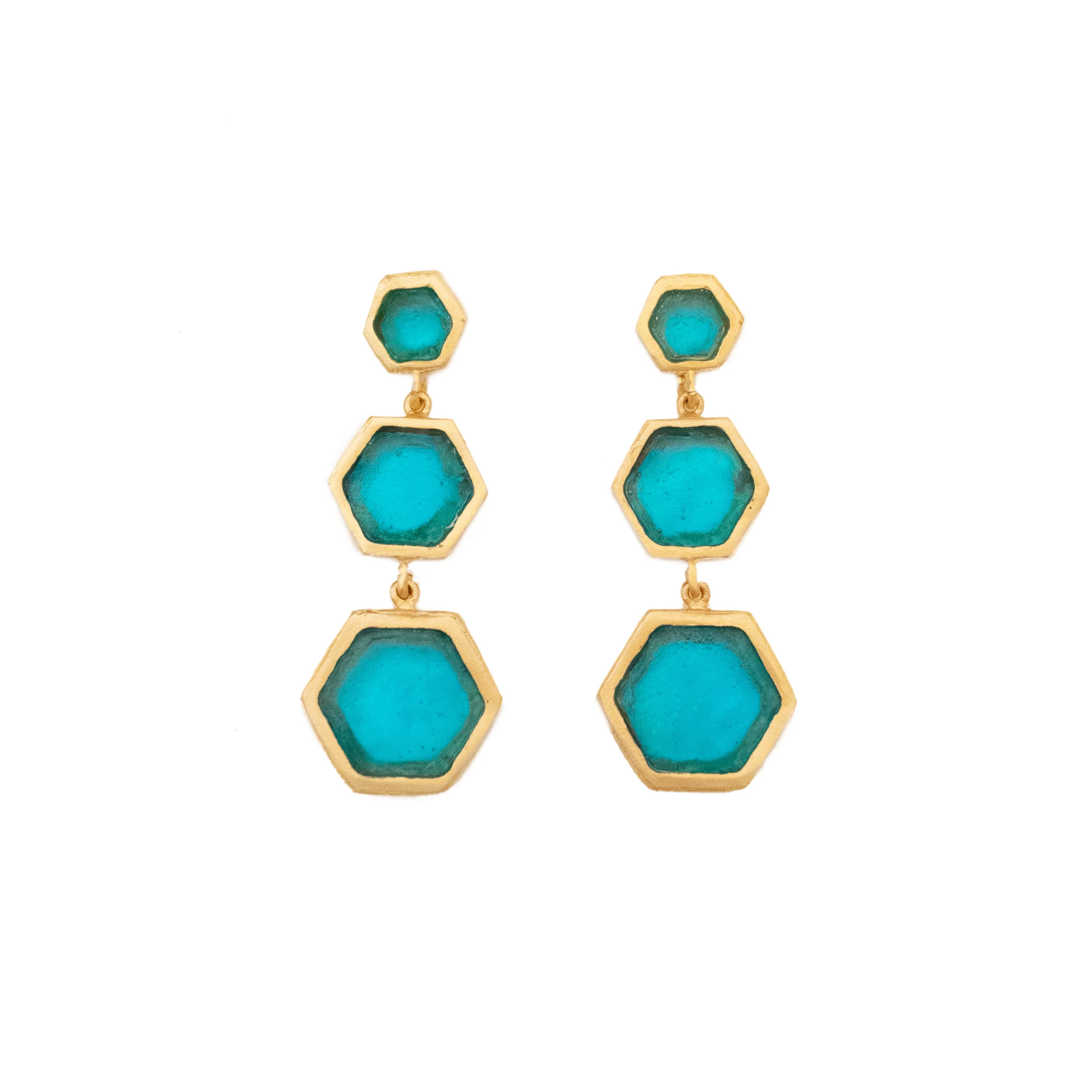 Honeycomb Long Post Earrings - Turquoise