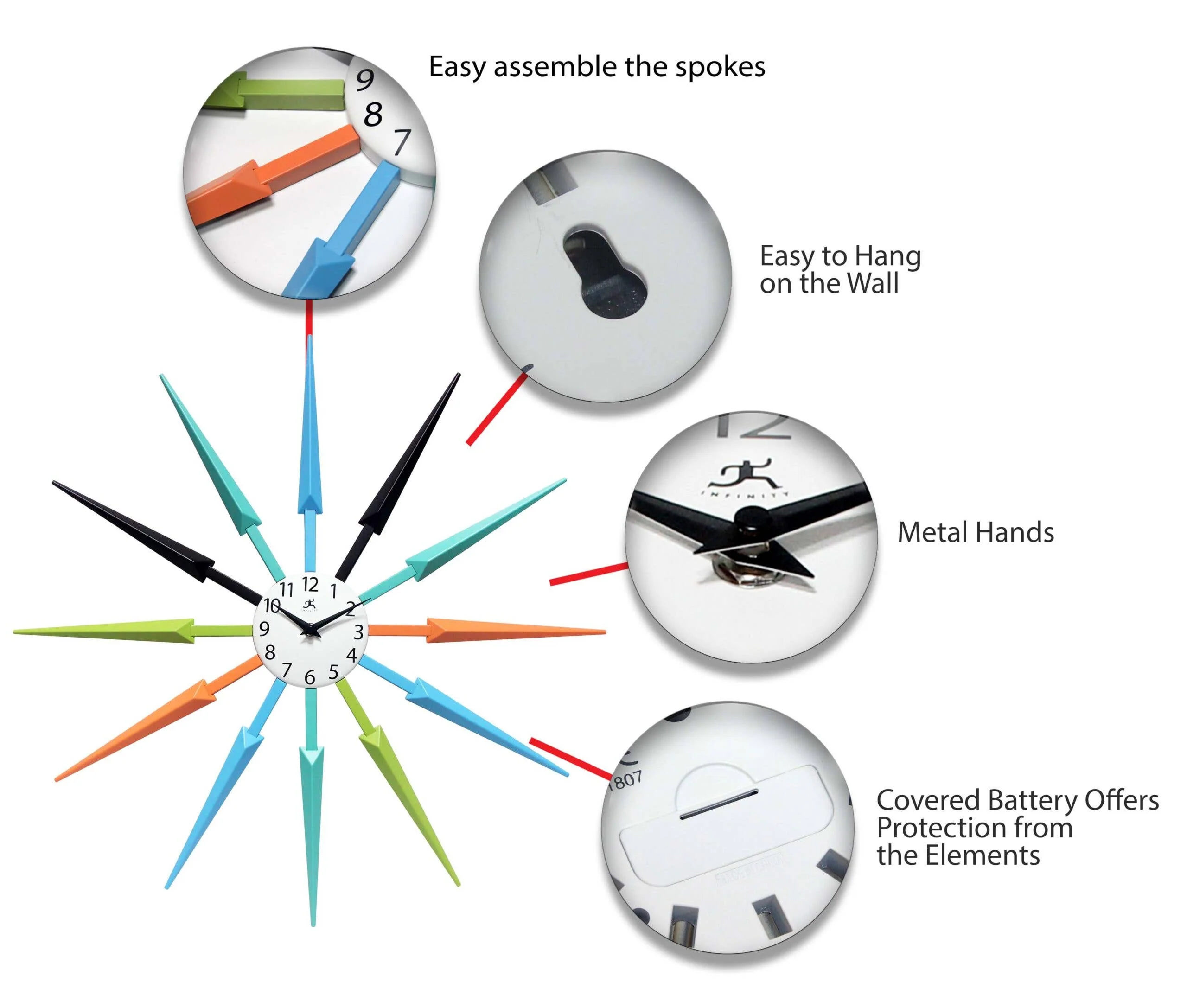 Midcentury/Modern Starburst Multi-Color Wall Clock 24.5 Inch - Image 4