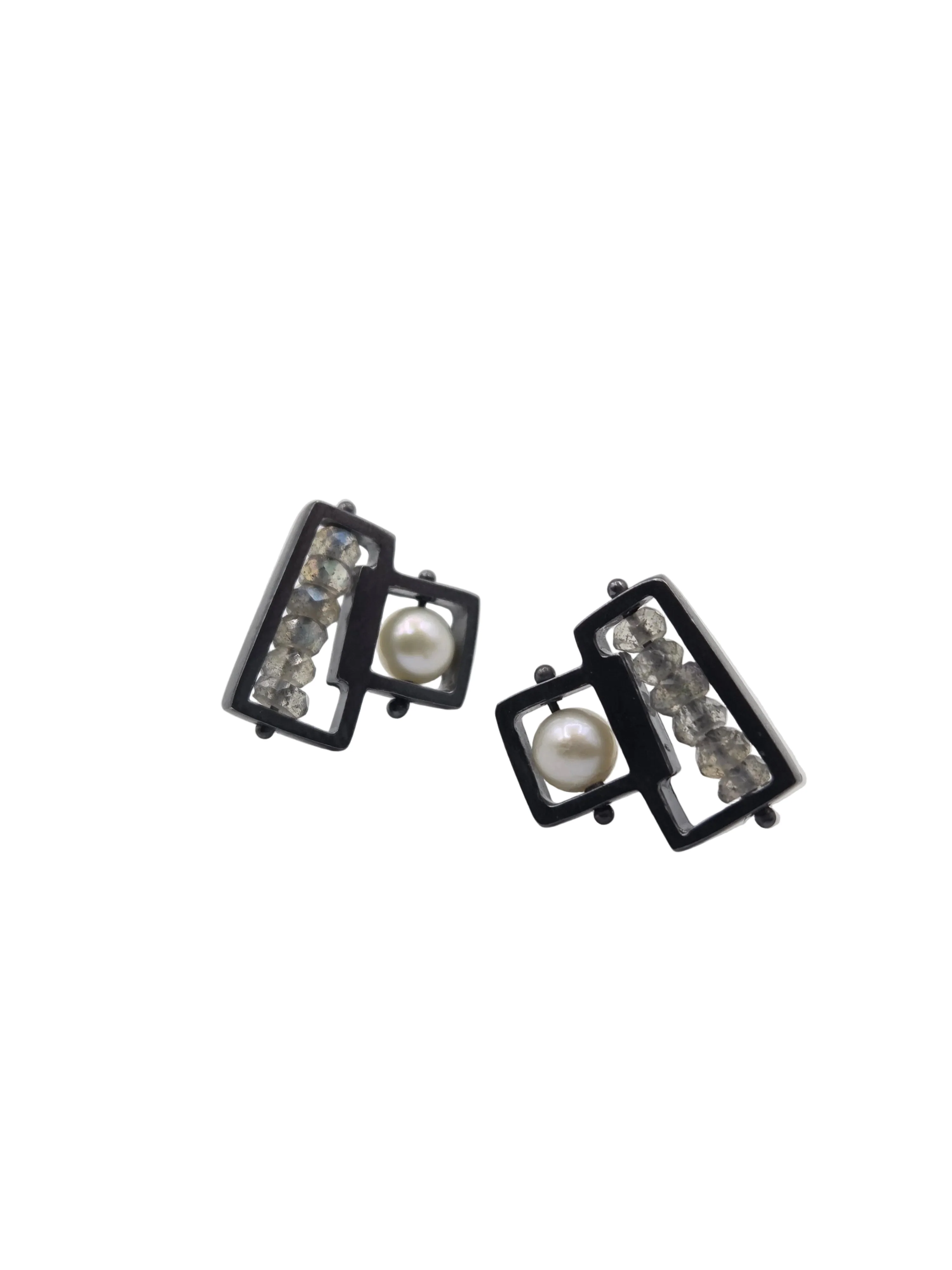 Mini Rectangle and Square Earrings Labradorite and Pearl Blackened Silver