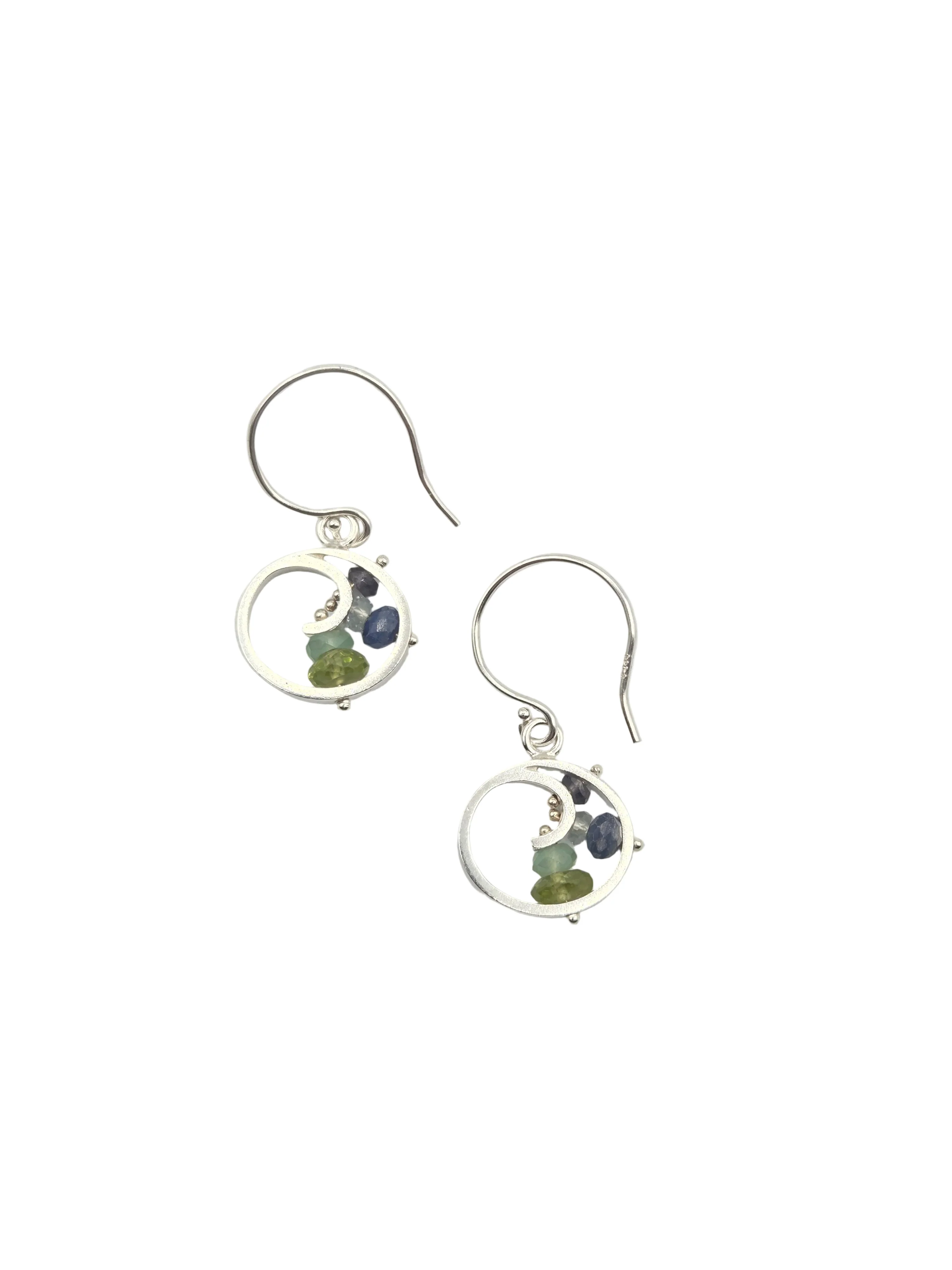 Mini Spiral Earrings, Dangle - Blue Green Brushed Silver