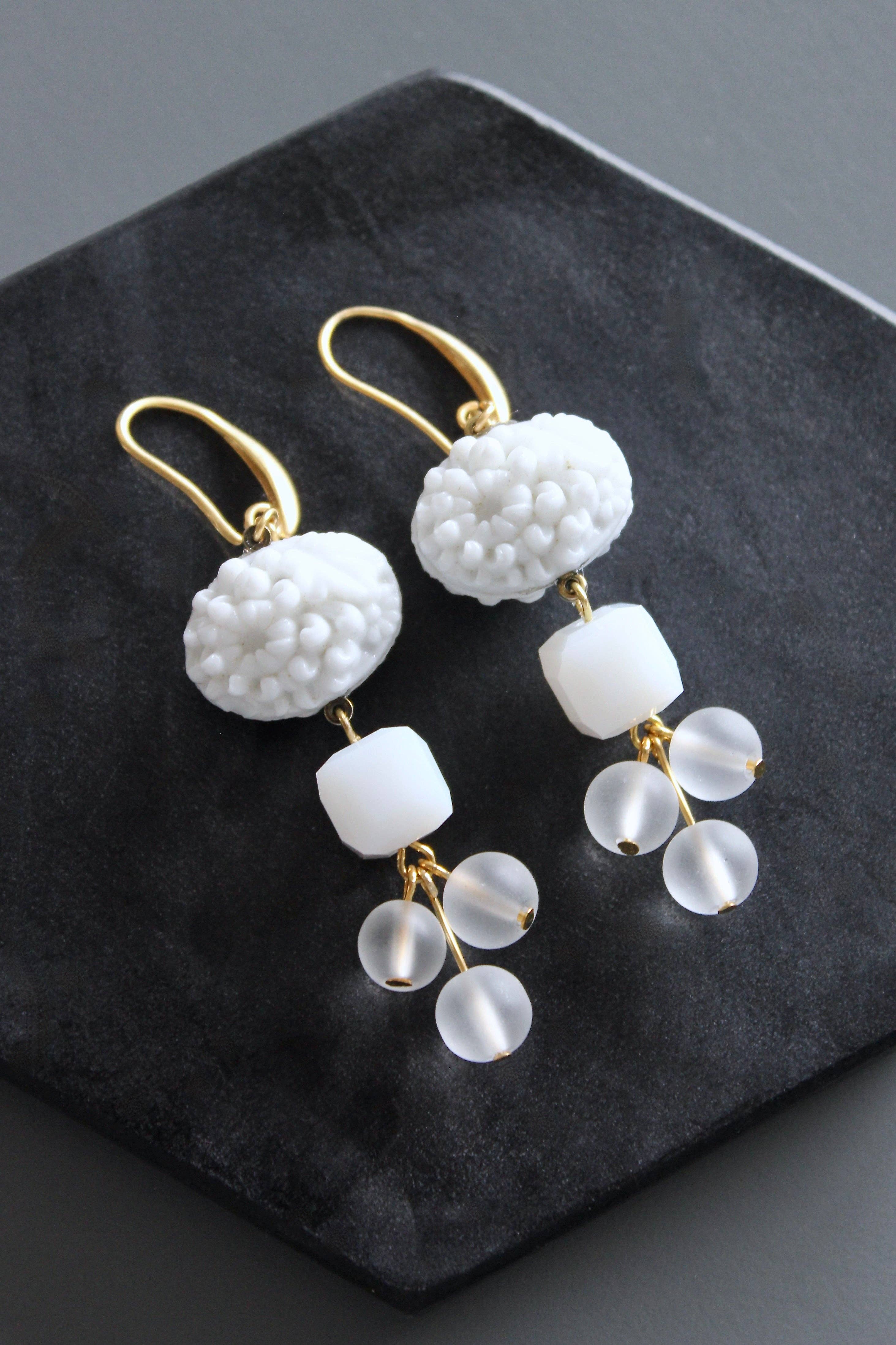 Vintage Chalk White Glass Cluster Earrings - Image 2
