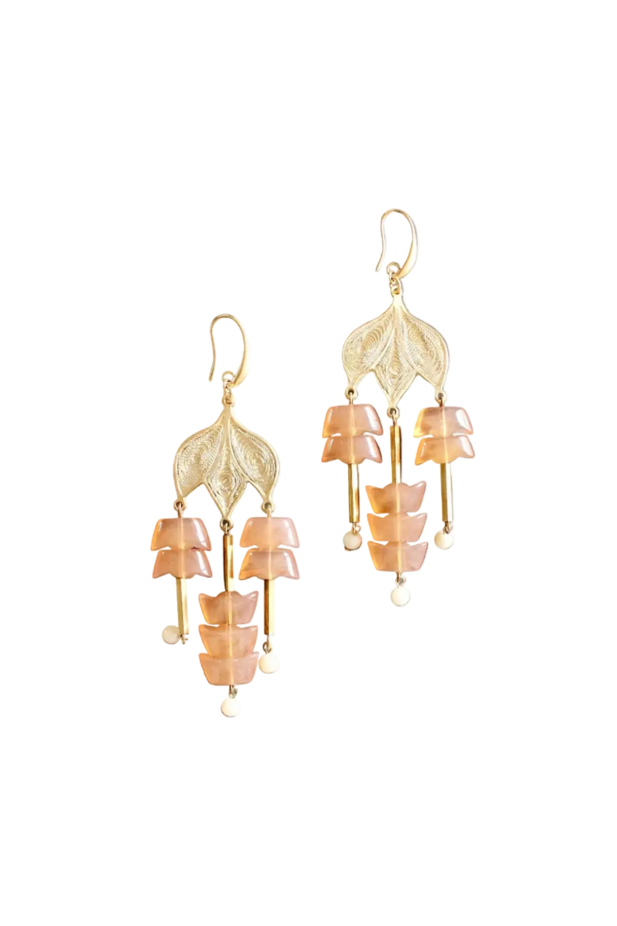 Peach Glass and Gold Plate Chandelier Earrings