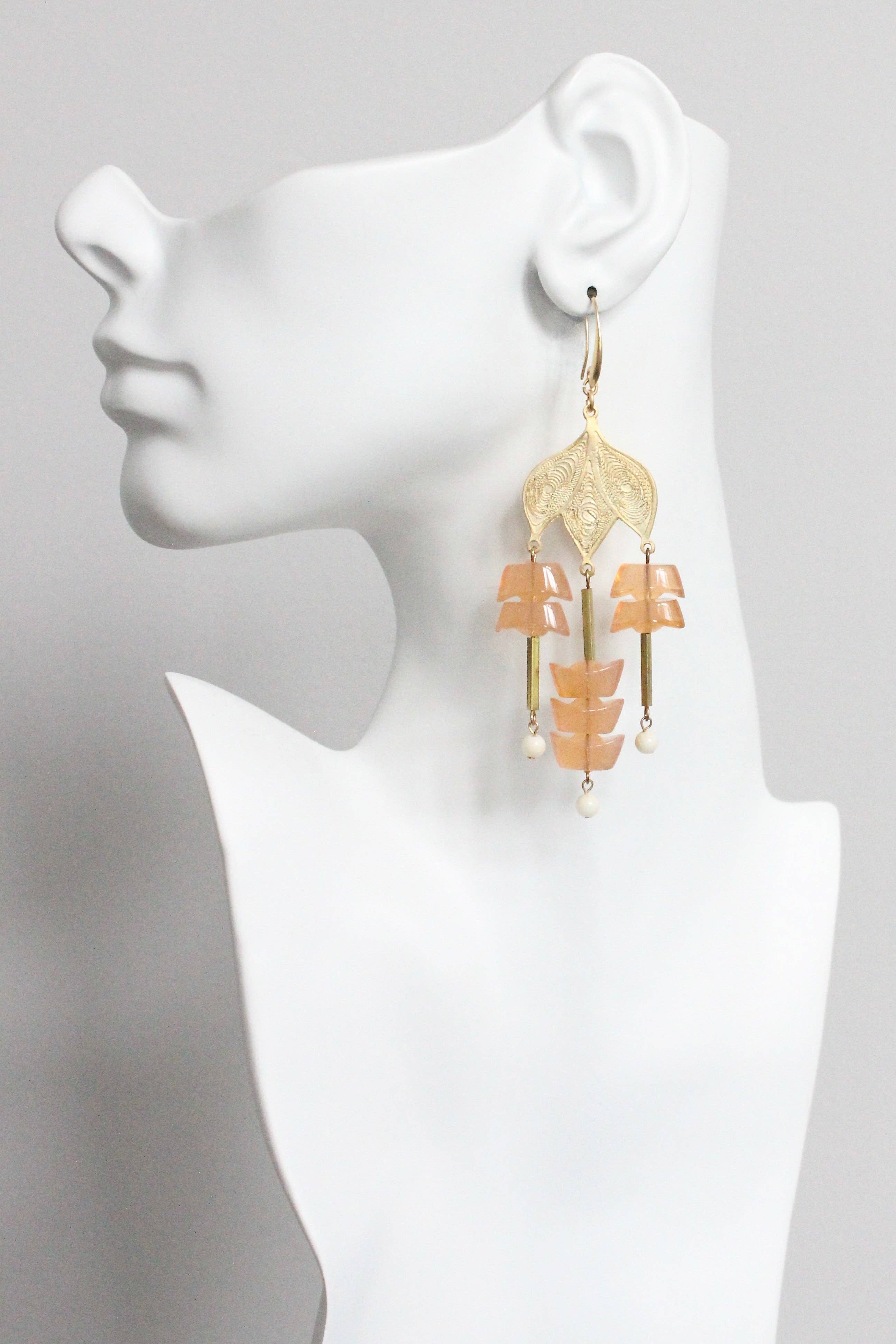 Peach Glass and Gold Plate Chandelier Earrings - Image 2