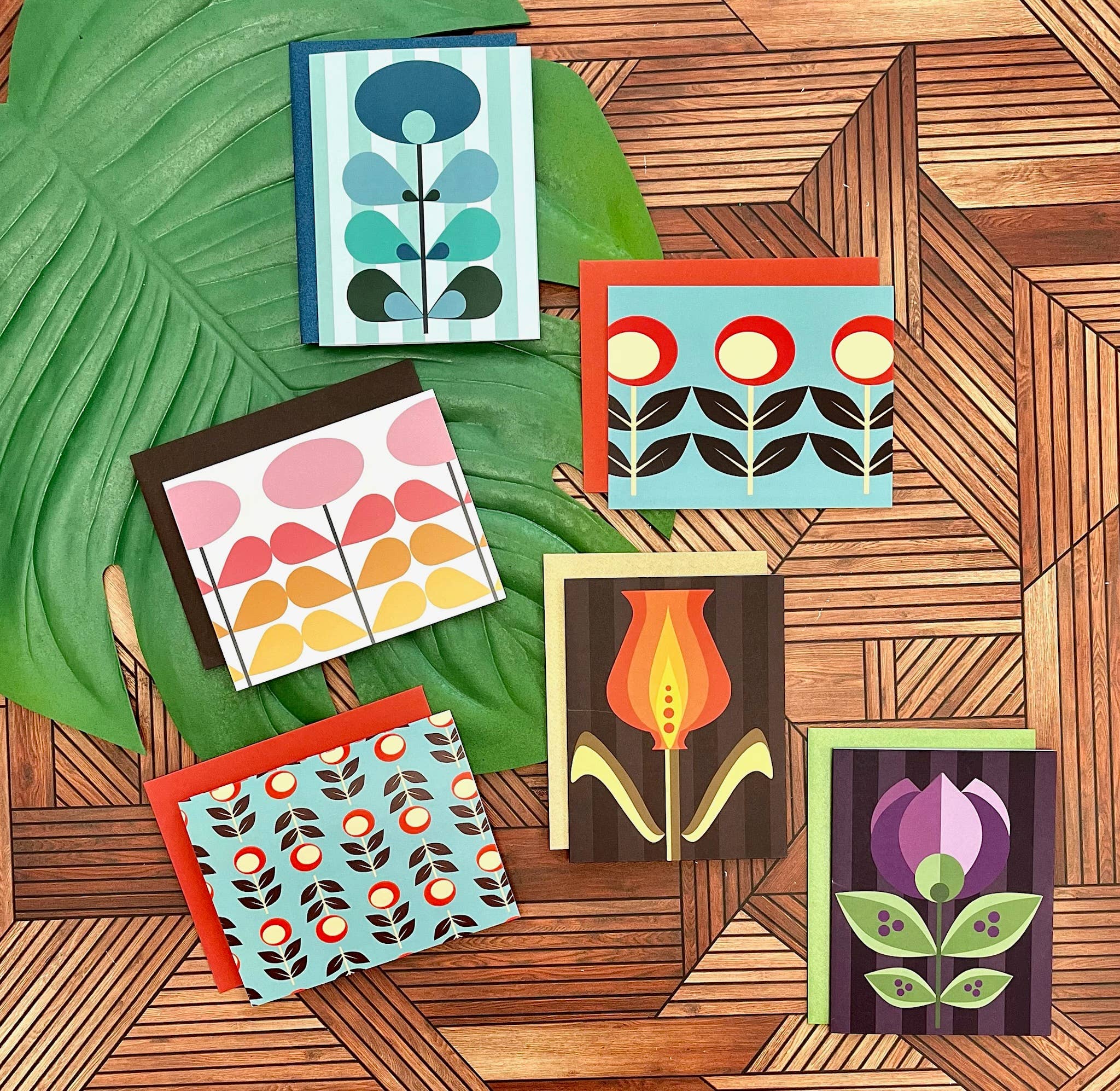 Mod Flower Blue Mid Century Modern Blank Notecard - Image 3