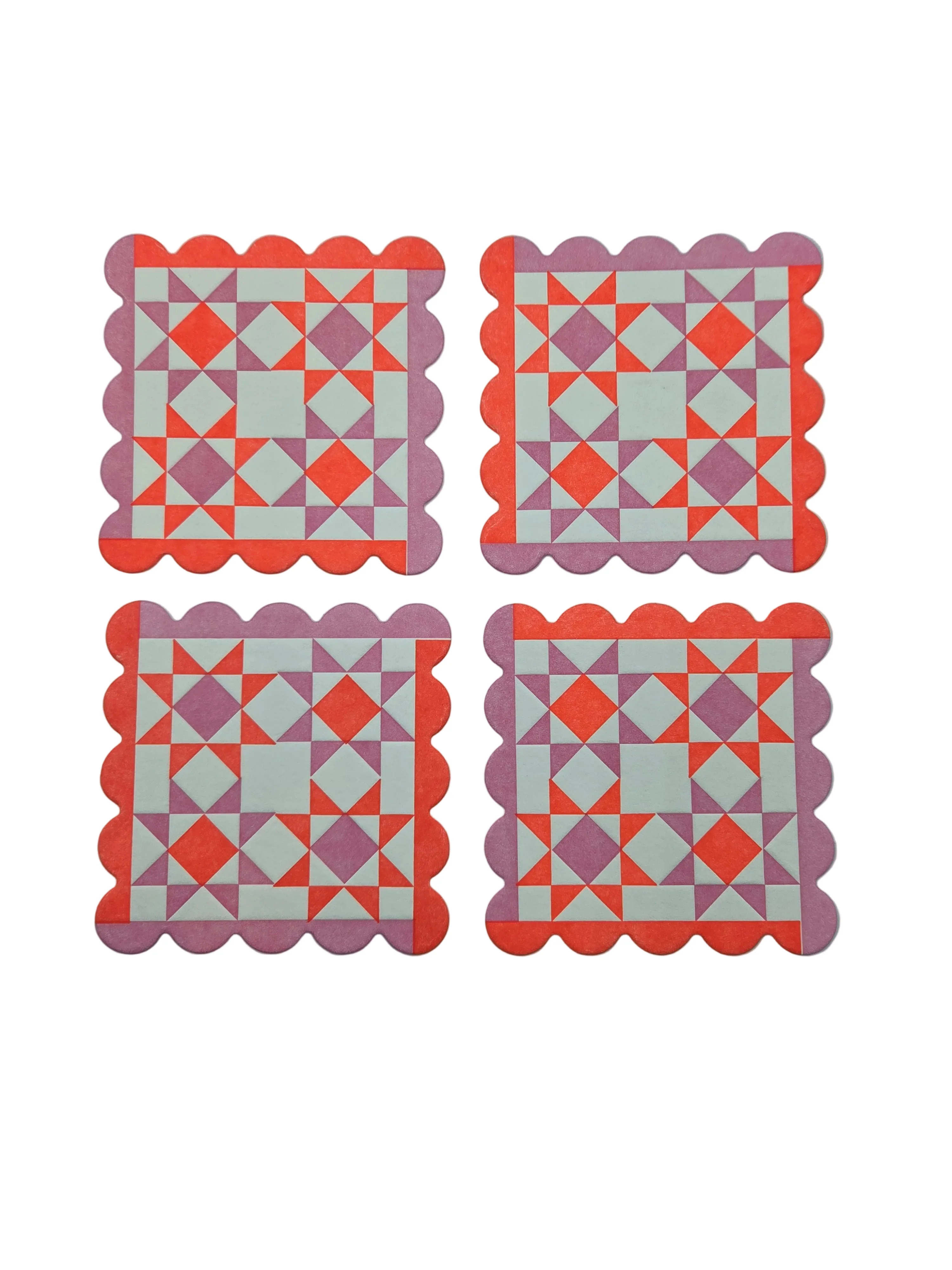 Mod Quilt Scalloped Letterpress Vellum Coasters - Red/Lilac (Set of 4)