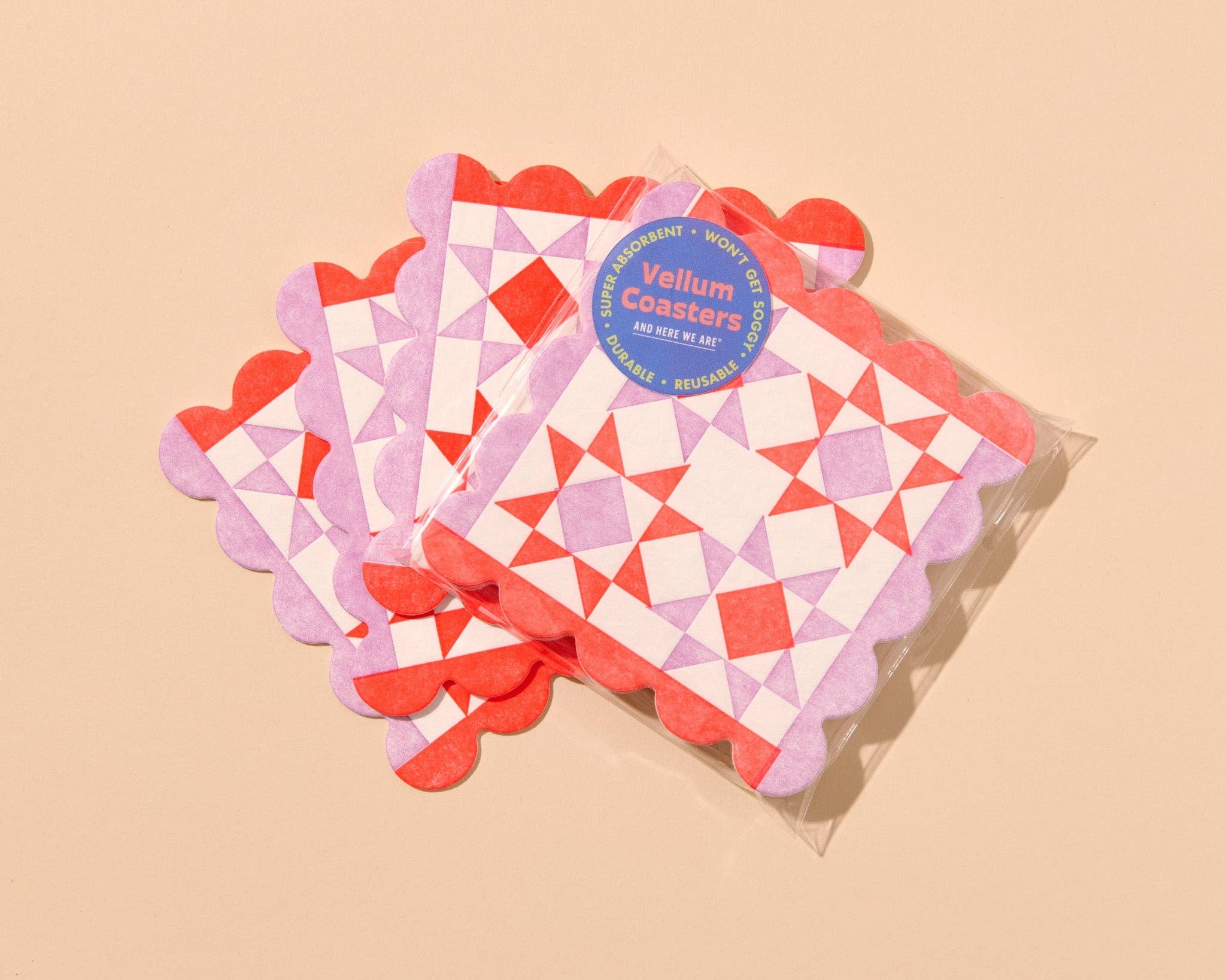 Mod Quilt Scalloped Letterpress Vellum Coasters - Red/Lilac (Set of 4) - Image 2