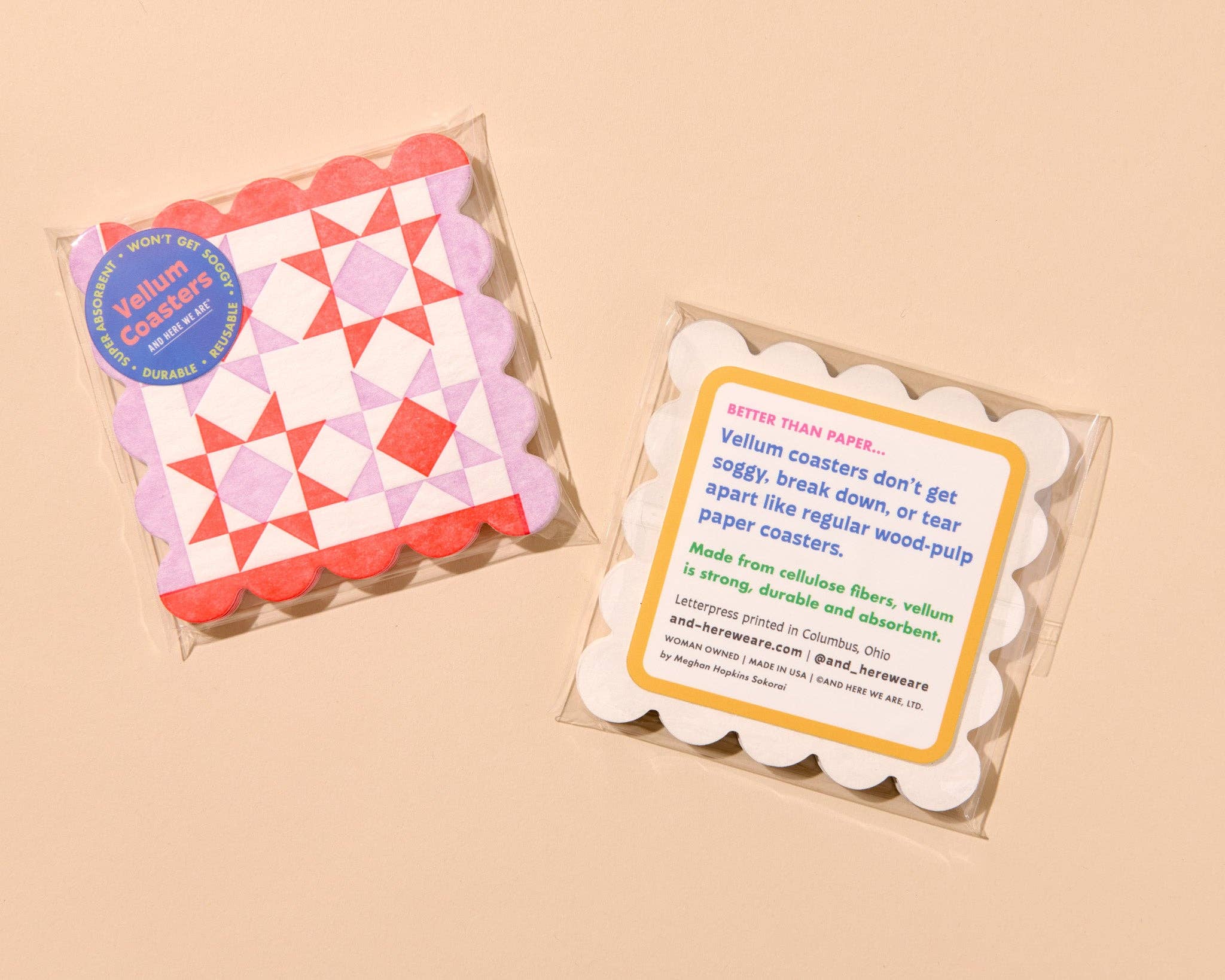 Mod Quilt Scalloped Letterpress Vellum Coasters - Red/Lilac (Set of 4) - Image 3