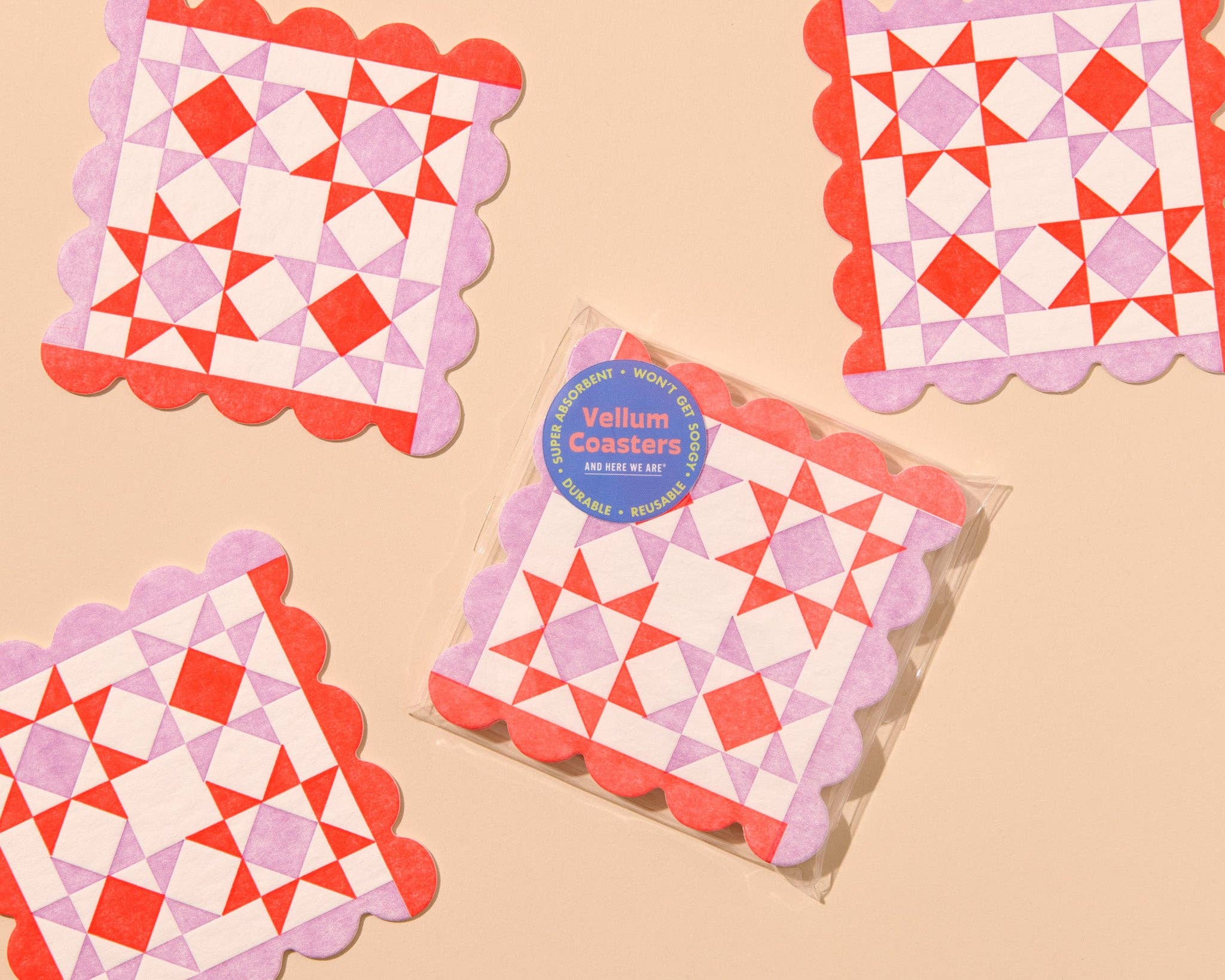 Mod Quilt Scalloped Letterpress Vellum Coasters - Red/Lilac (Set of 4) - Image 4