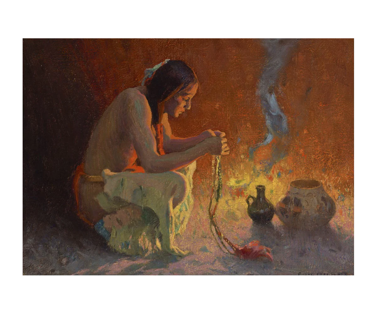 E. Irving Couse: Crouching Indian by a Fire Postcard