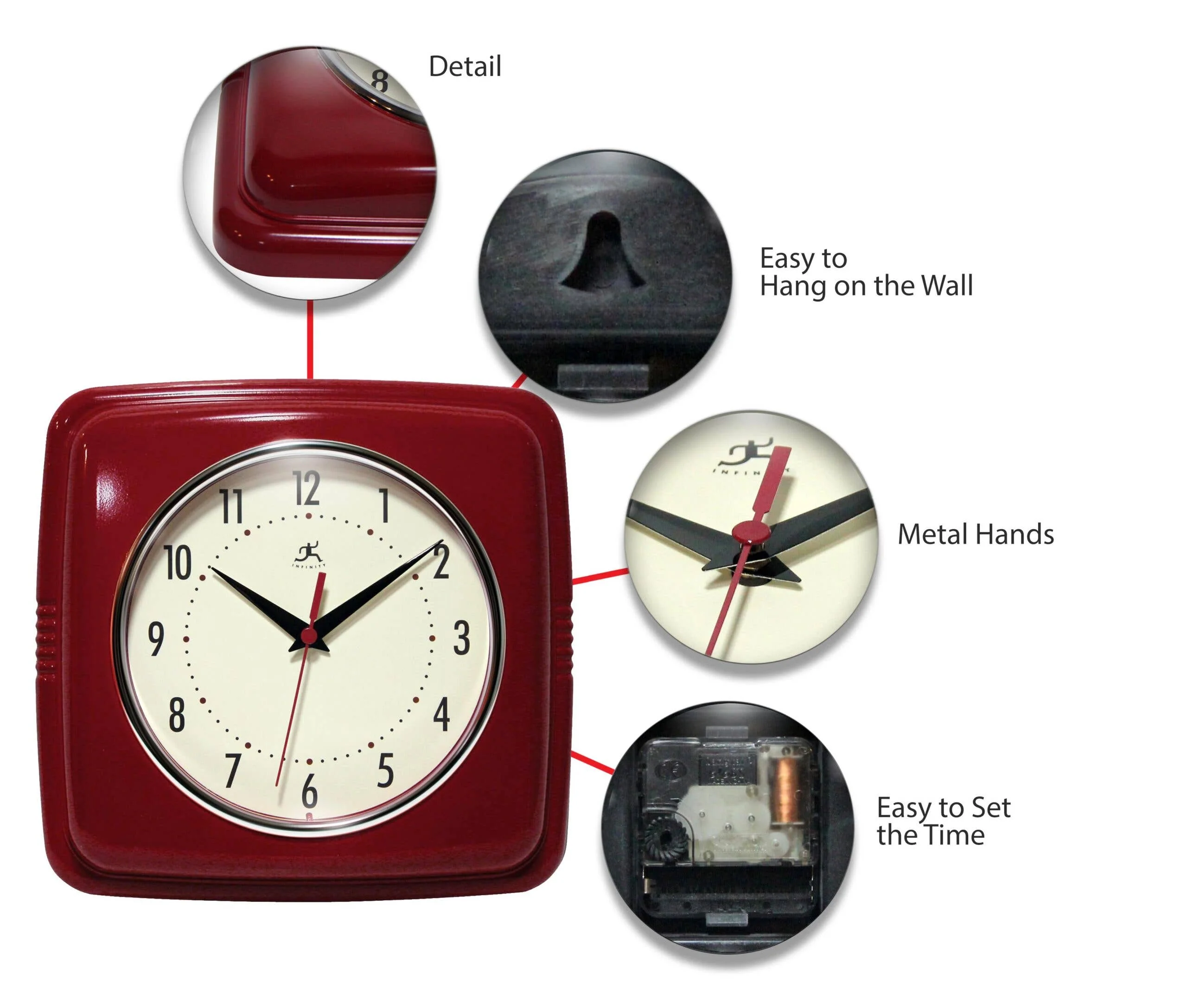 Retro Square Red Indoor Wall Clock 9.25 Inch - Image 4