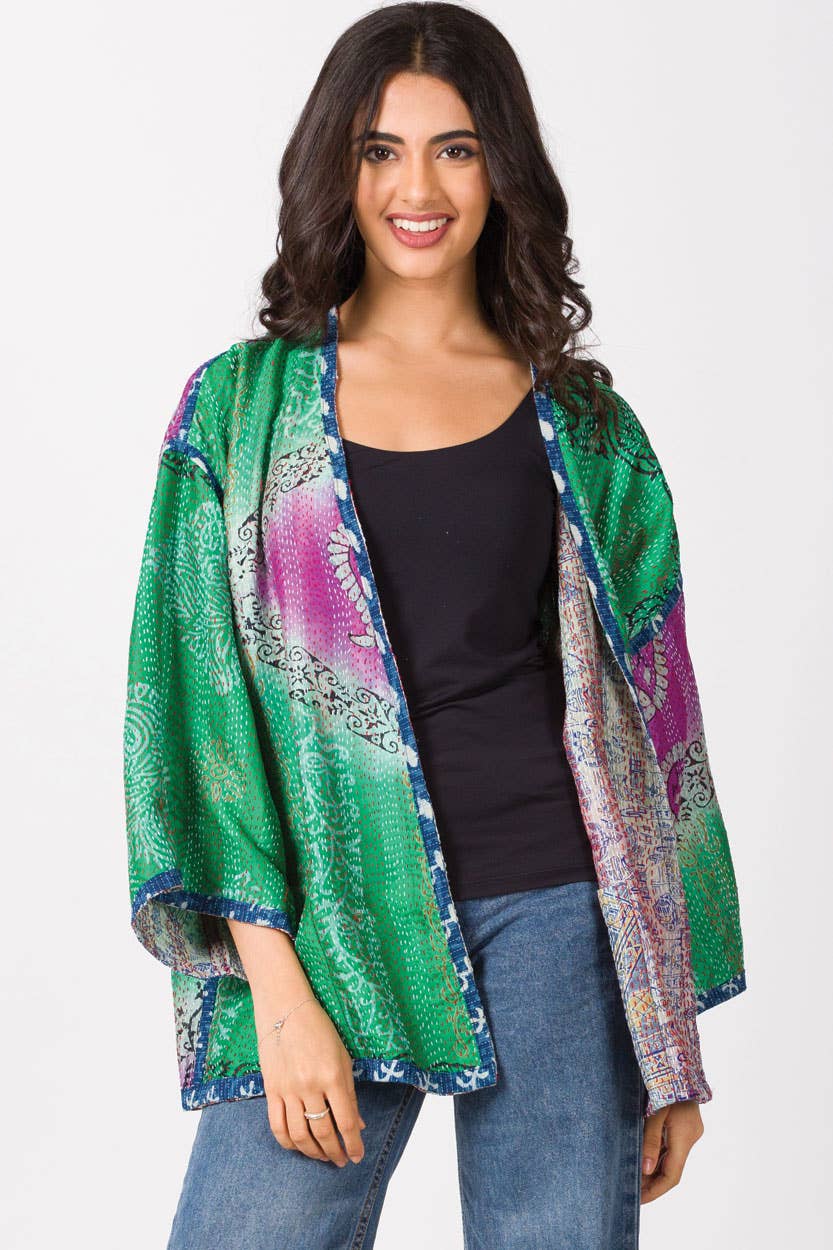 Reversible Silk Kantha Kimono Jacket - Image 4