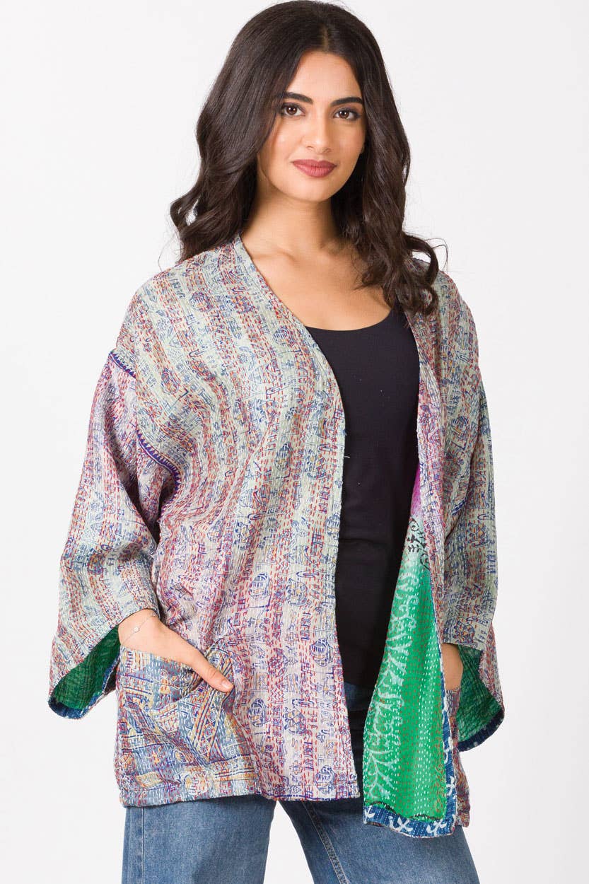 Reversible Silk Kantha Kimono Jacket - Image 7