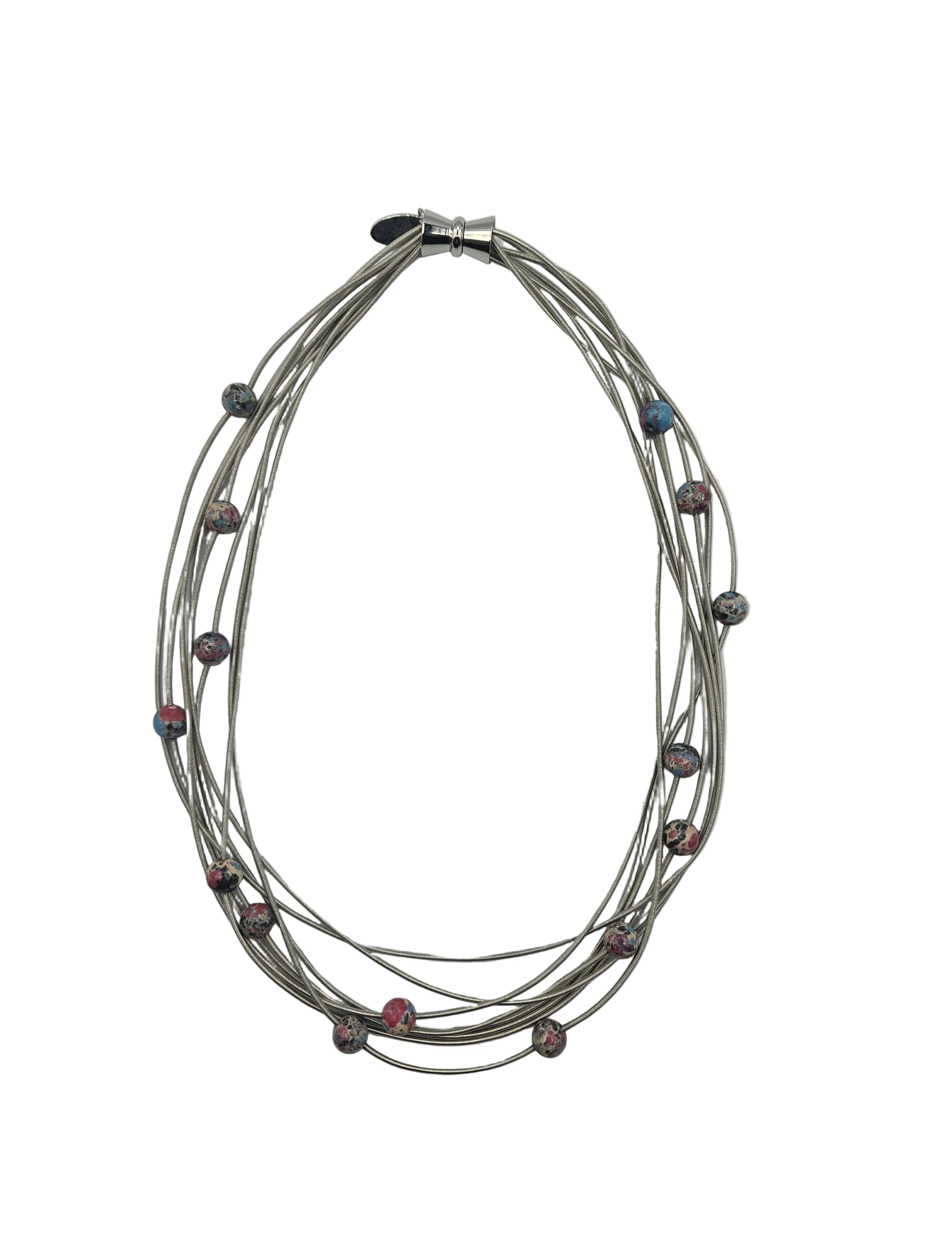 Silver Wire Necklace with Colorful Porcelain Beads