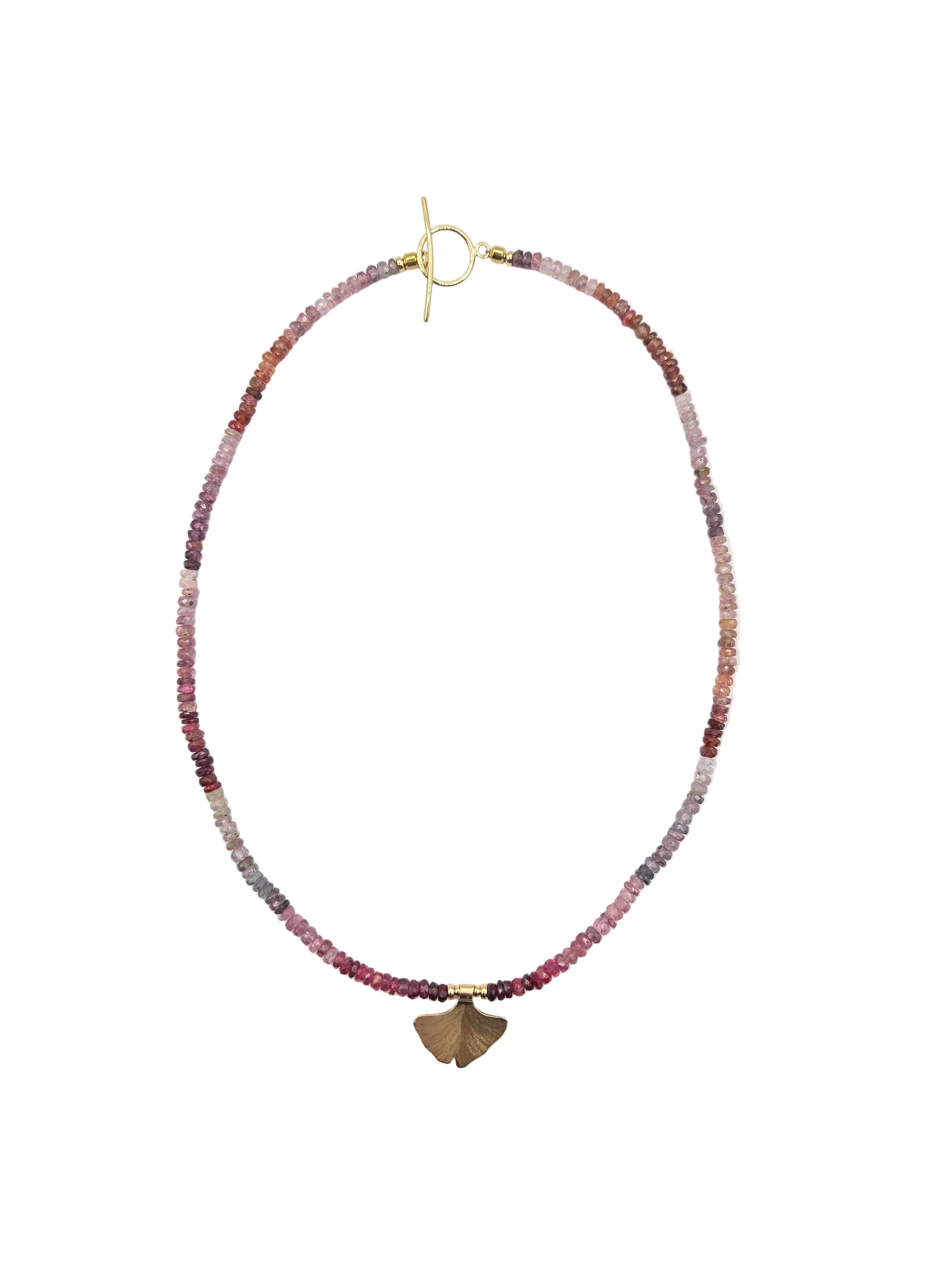 14K Yellow Gold Ginkgo Leaf and Spinel Beads Necklace
