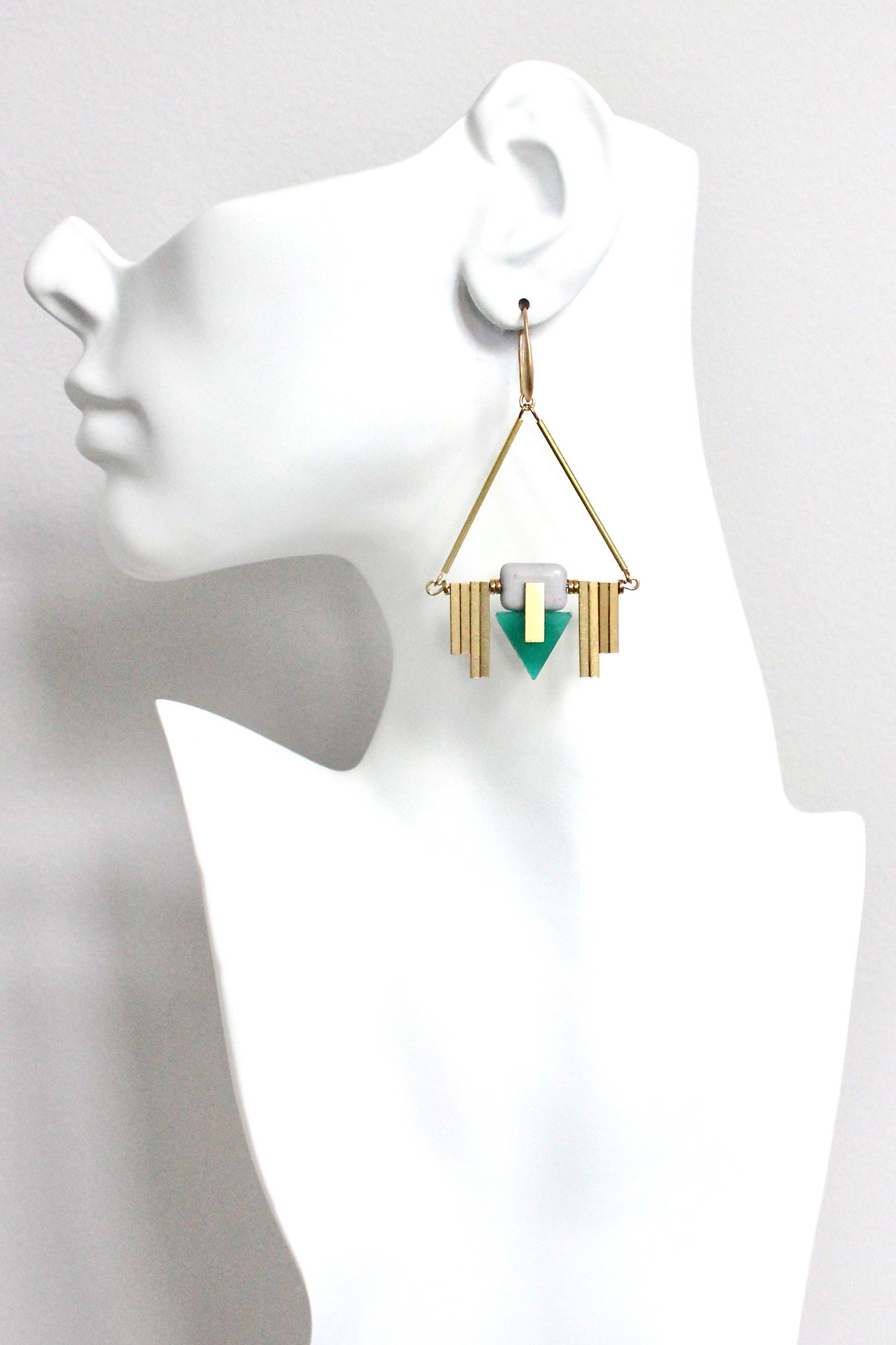 Vintage Green Glass Art Deco Geometric Earrings - Image 2